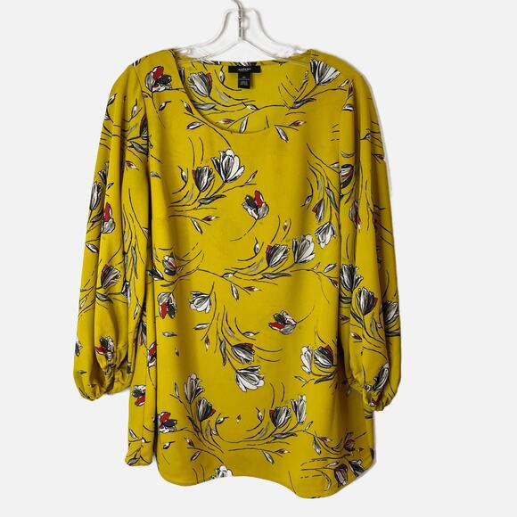 Alfani Women's Blouse Plus Size 0X Mustard Yellow Floral Print Long Sleeve Tunic - Picture 1 of 6